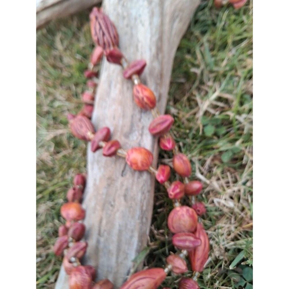 Vintage 1970s Red Glazed Fruit Seed Boho Necklace – Cottagecore Folk Art